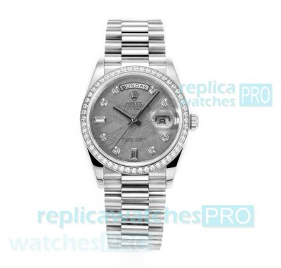 RA Factory Swiss Replica Rolex Day-Date Meteorite Dial Watch with Diamonds
